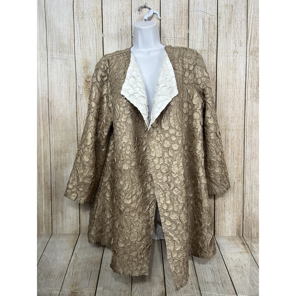 Chicos Reversible Travelers Jacket Duster Champagne Gold Ivory Open Front Sz L - Picture 2 of 7